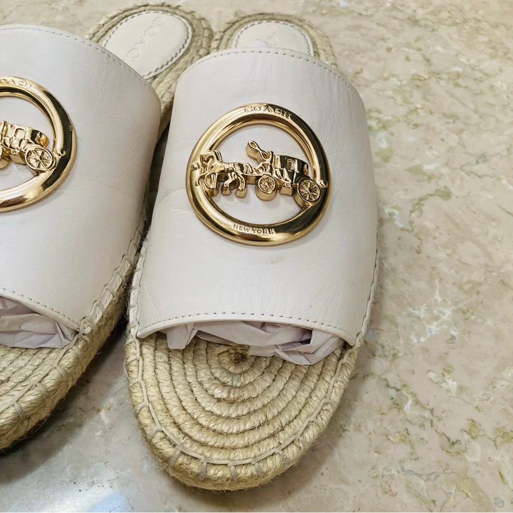 Coach White Leather Espadrille Slide Sandals with Gold Logo